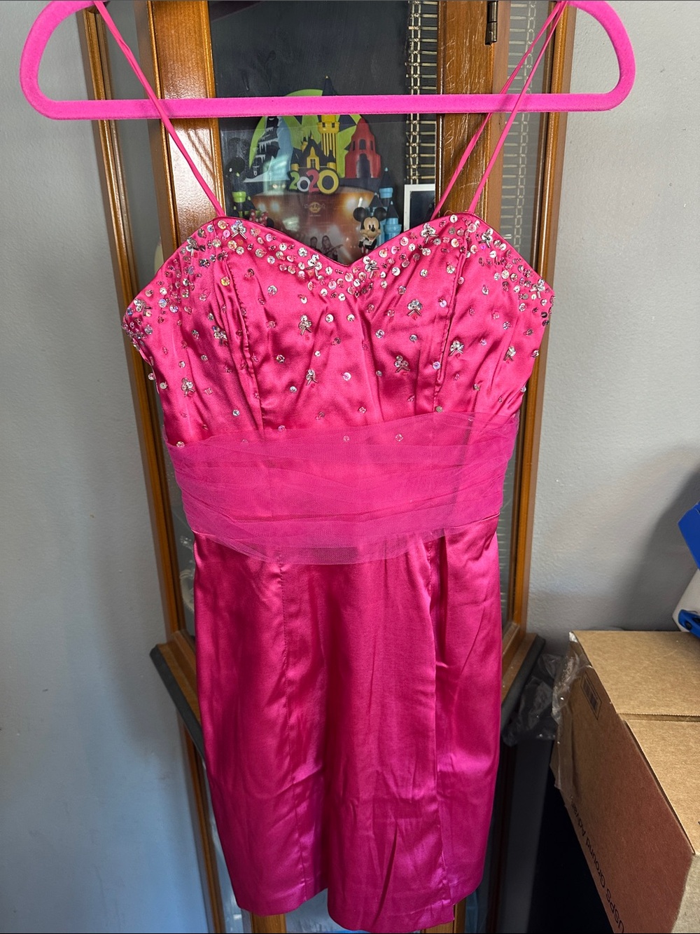Hot Pink Beaded Satin Cocktail Dress with Spaghetti Straps
